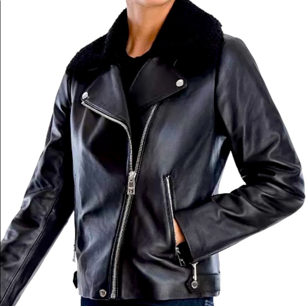 Assymetrical Faux-Sherpa Collar Leather Coat